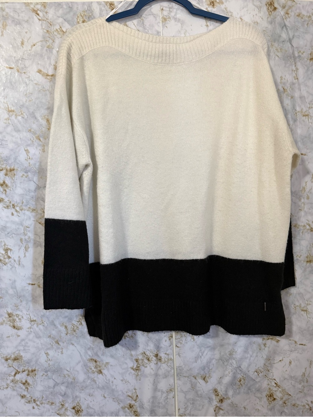 DKNY Cream and Black Colorblock Crewneck Sweater